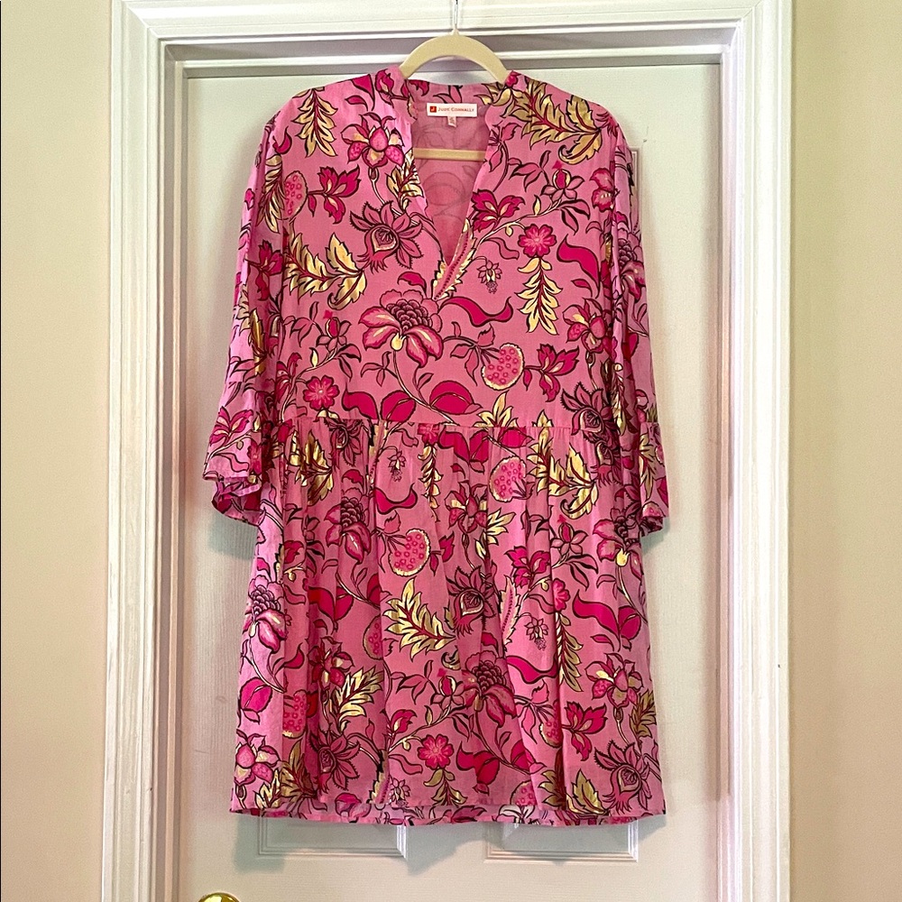 Jude Connally Floral Pink & Gold Elegant Boho Dress w/ 3/4 Bell Sleeves Medium